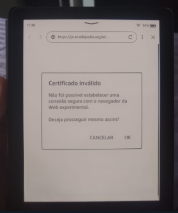 Aviso de "Certificado Inválido" no navegador da web experimental do Kindle